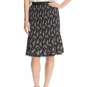Le Gali Black Pink Floral Pleated Midi Skirt Lace Hem Pull-On Size M